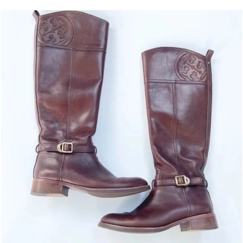Tory Burch Marlene Riding Boots Brown Leather 9M Gold Buckle Equestrian Tall
